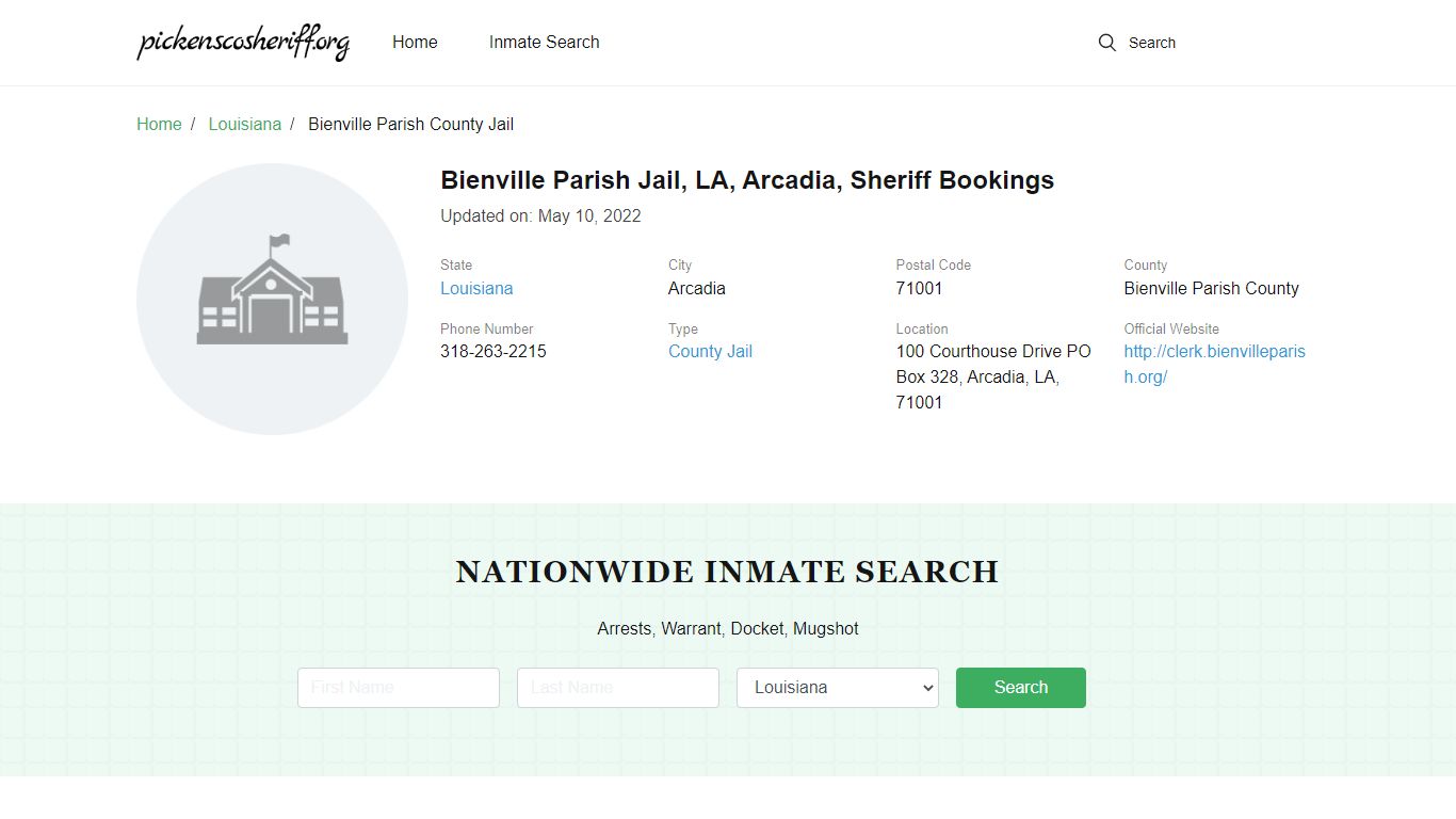 Bienville Parish Jail, LA, Arcadia, Sheriff Bookings